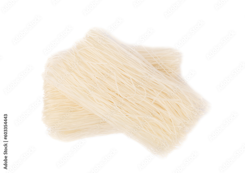 Rice noodles isolated on white background. Raw funchose noodles. Thai dried rice noodles.