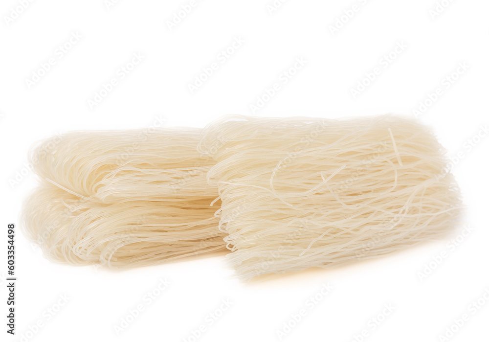 Rice noodles isolated on white background. Raw funchose noodles. Thai dried rice noodles.