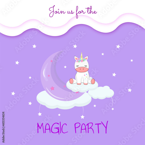 Card invitation for party with cute unicorn rainbow on cloud and moon with stars © Kristina