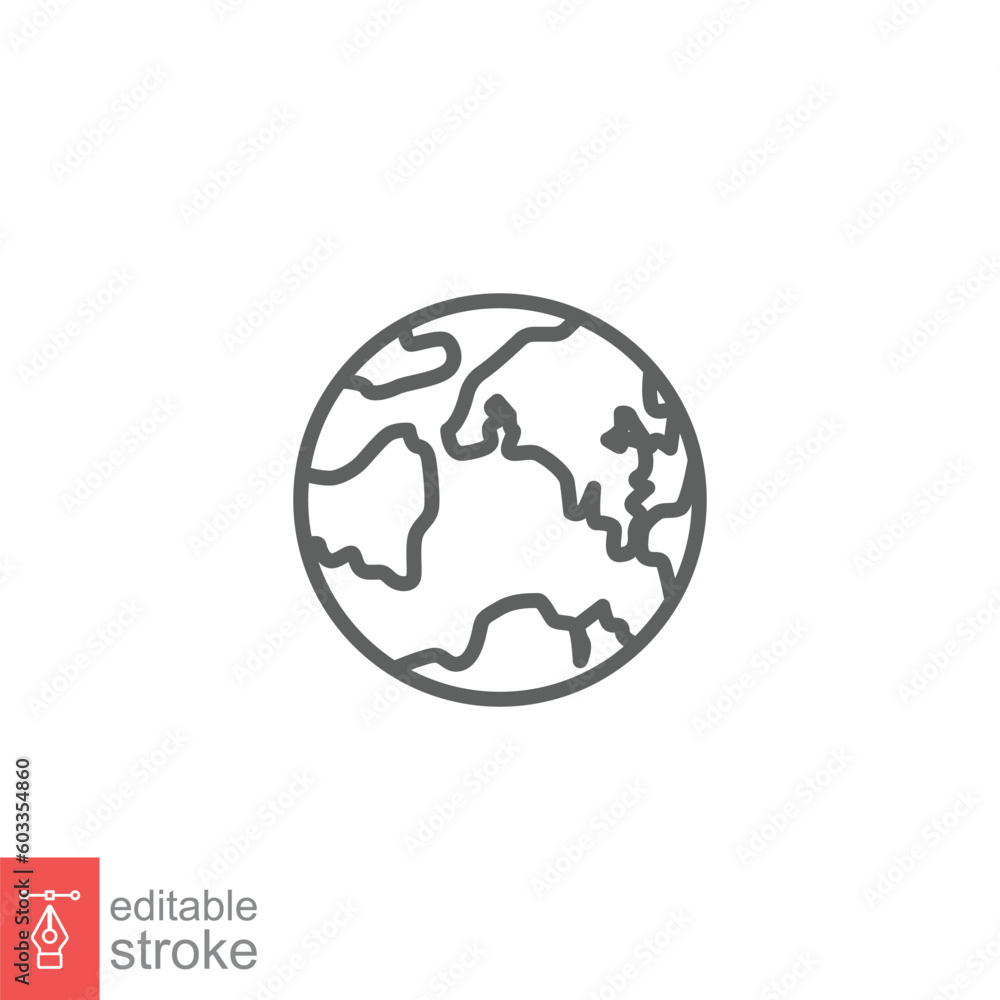 World planet icon. Simple outline style. Globe, earth, map, pictogram, web, geography concept. Thin line symbol. Vector illustration isolated on white background. Editable stroke EPS 10. World planet icon. Simple outline style. Globe, earth, map, pictogram, web, geography concept. Thin line symbol. Vector illustration isolated on white background. Editable stroke EPS 10.