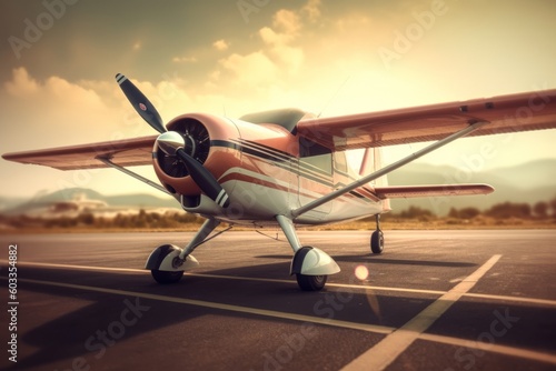 Small private airplane on runway ready for take off. Generative AI © bluebeat76
