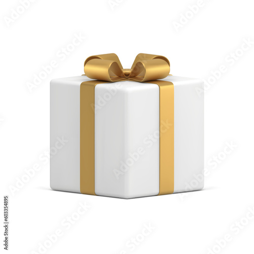 White gift box golden bow ribbon festive present surprise 3d icon realistic vector illustration