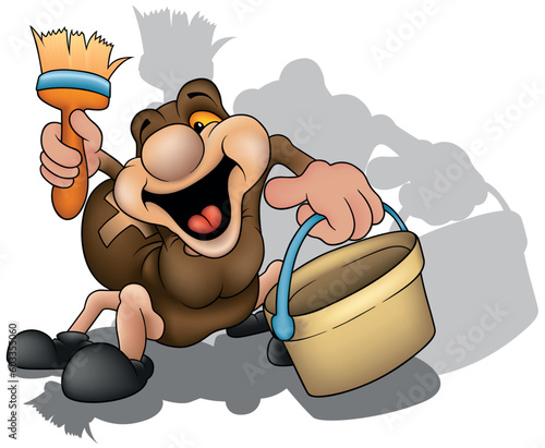 Cute Brown Spider with Big Smile as a Room Painter with a Brush and a Bucket in his Hands