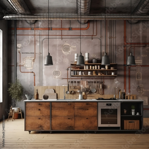 Industrial Loft Vignette: Inspire Creativity with a Wall Mockup Amidst the Charm of a Stylish Kitchen