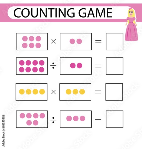 Division and multiplication. Task for children. Educational worksheet. Activity color page. Game for children. Funny character. Isolated vector illustration. Cartoon style. Educational game. Flat