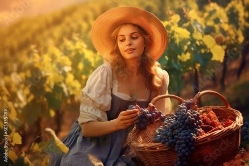Woman with basket of grapes in vineyard,she is tasting grapes. Generative AI