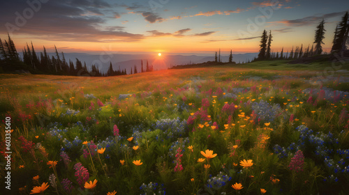 A vast, sun-kissed meadow stretching as far as the eye can see, adorned with vibrant wildflowers in a kaleidoscope of colors, creating a stunning display of nature's beauty. Generative AI