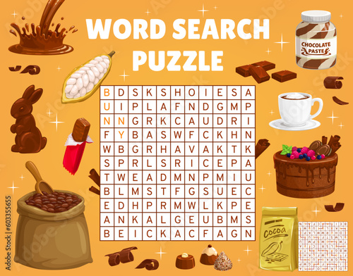 Cocoa and chocolate word search puzzle game worksheet. Vector crossword quiz grid, brainteaser with splash, bunny, bar and candies. Shavings, cake, drink and pieces. Spread, bean and package or bag