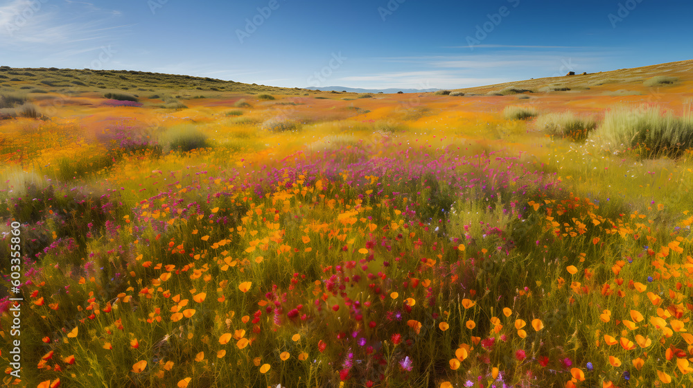 A vast, sun-kissed meadow stretching as far as the eye can see