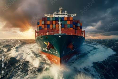 Front view of a dynamic image of cargo ship that run in the middle of the ocean are transported container to the port. Generative AI