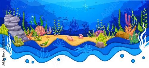 Cartoon sea underwater paper cut landscape with seaweeds, seashells, corals and reefs. Vector ocean bottom, blue water waves, marine animals, bubbles, fish and dolphins with 3d layered papercut border