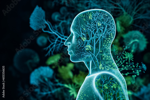 human microbiome planting and artificial intelligence with this captivating graphic resource. The futuristic retro style with shades of light blue and green  generative AI. photo