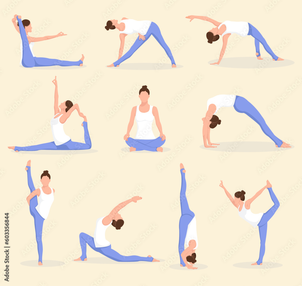 Young woman doing sport exercises. Yoga poses set.