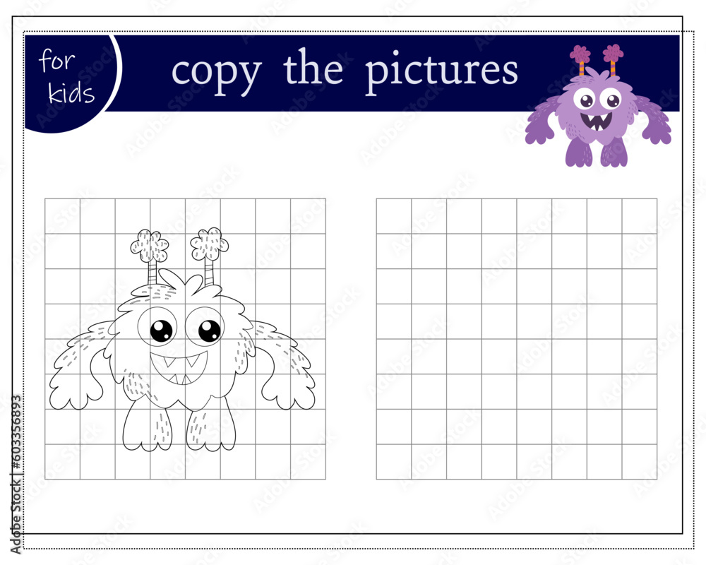 Obraz premium Copy the picture, educational game for kids, cartoon monster, alien. Vector illustration