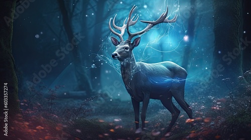 A Dreamy Spirit Awakens in the Deep Fairy Forest: Magic Deer, Illuminated by the Positive Light of a Tale: Generative AI © AIGen