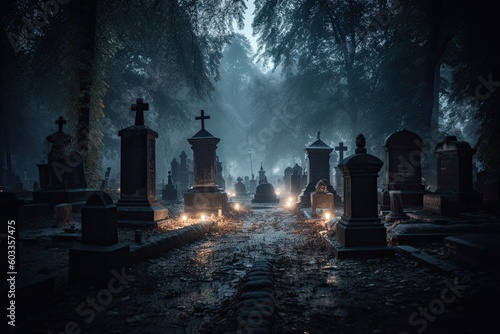 Mystical Tale of Wisdom: A Glittering Graveyard at a Dreamy and Skittish Dark Night. Generative AI