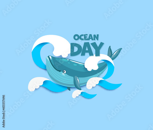 World oceans day. Cartoon whale with paper cut sea waves, vector environment protection, save nature and ecology. Cute sperm whale marine animal swimming in blue water with 3d papercut waves, foam