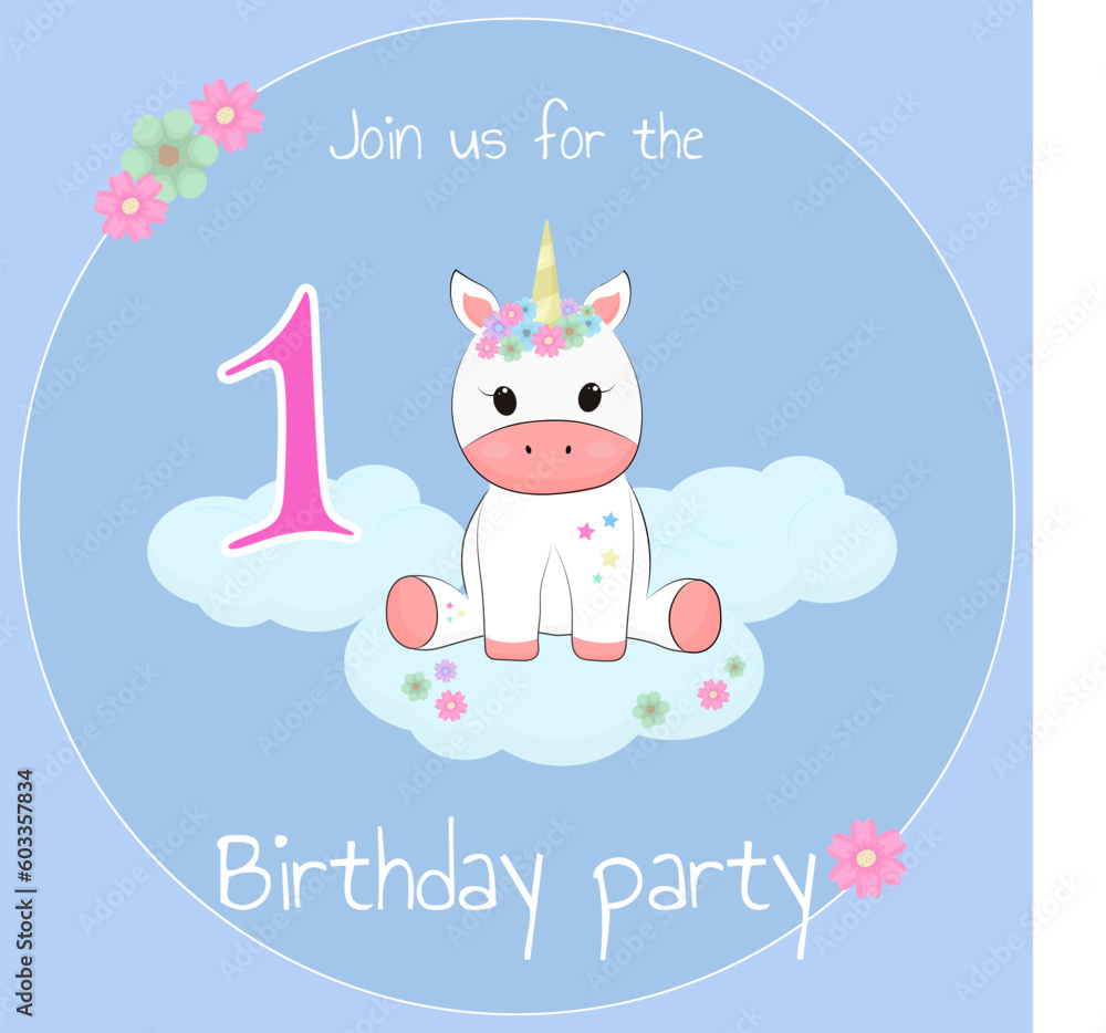 Card birthday invitation for party with cute unicorn rainbow, stars, flower, cloud for 1 year babe Card birthday invitation for party with cute unicorn rainbow, stars, flower, cloud for 1 year babe