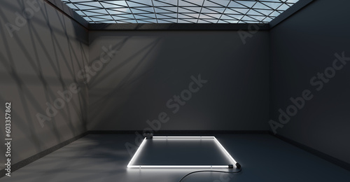 Fototapeta Naklejka Na Ścianę i Meble -  square room and wall square neon sign frame Neon sign on cement wall laser light signboard wall laser light modern background Copy space 3D illustration