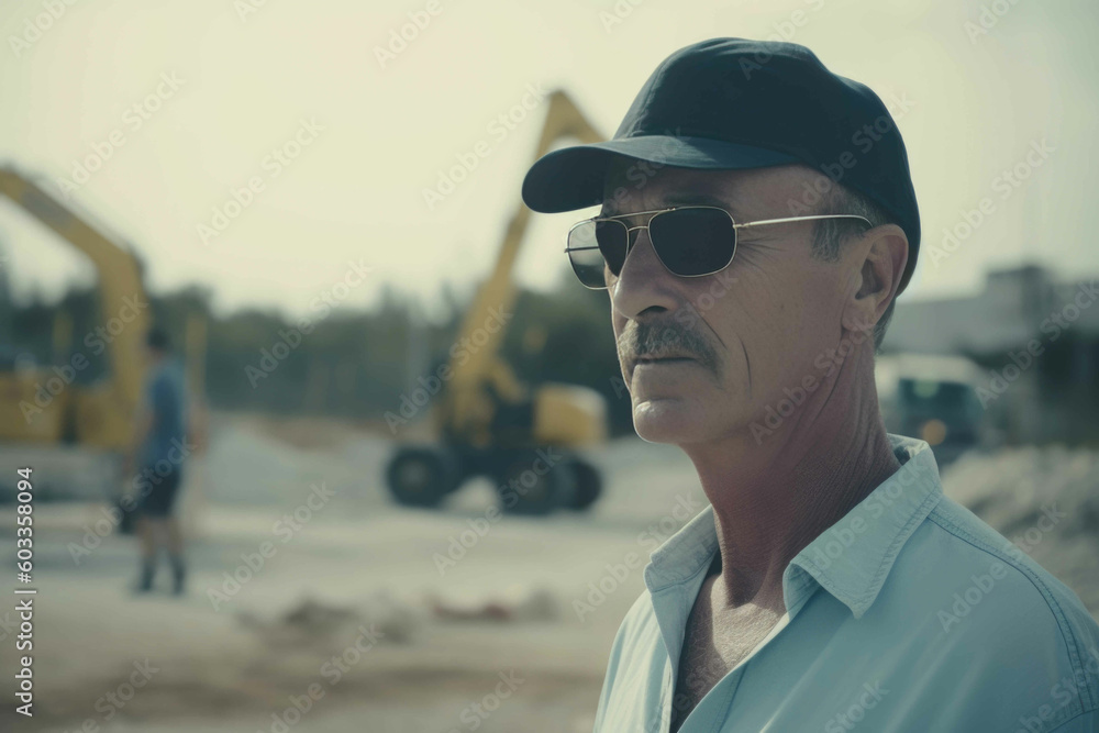 Builder in front of a construction site, manager. Generative AI Builder in front of a construction site, manager. Generative AI