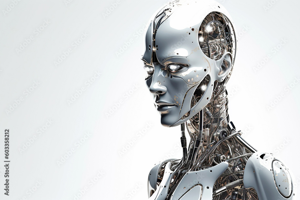 The face of a humanoid robot on an isolated background and close-up. Generative AI The face of a humanoid robot on an isolated background and close-up. Generative AI