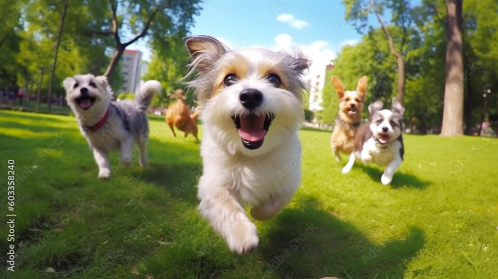 Cute funny dogs group running and playing on green grass in park, Generative AI Cute funny dogs group running and playing on green grass in park, Generative AI