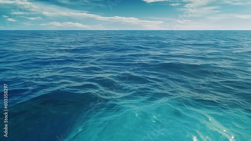A tropical teal blue ocean horizon seascape illustration. A.I. generated. © JPDC