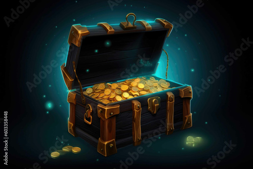 Medieval chest game asset with blue background, the chest is open with lots of perfect coins and a divine light. Generative AI