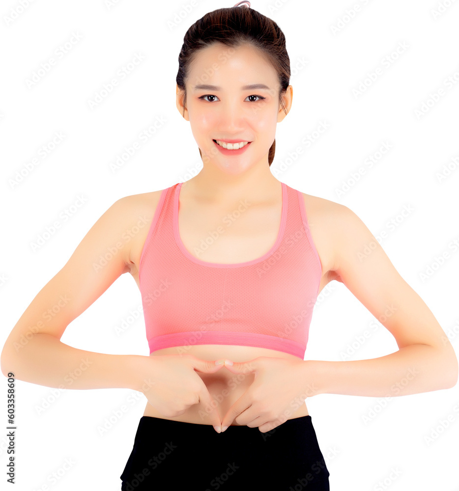 Beautiful portrait asian woman hand gesture heart shape on belly, girl wearing sport clothing with exercising, healthy and diet concept. Beautiful portrait asian woman hand gesture heart shape on belly, girl wearing sport clothing with exercising, healthy and diet concept.