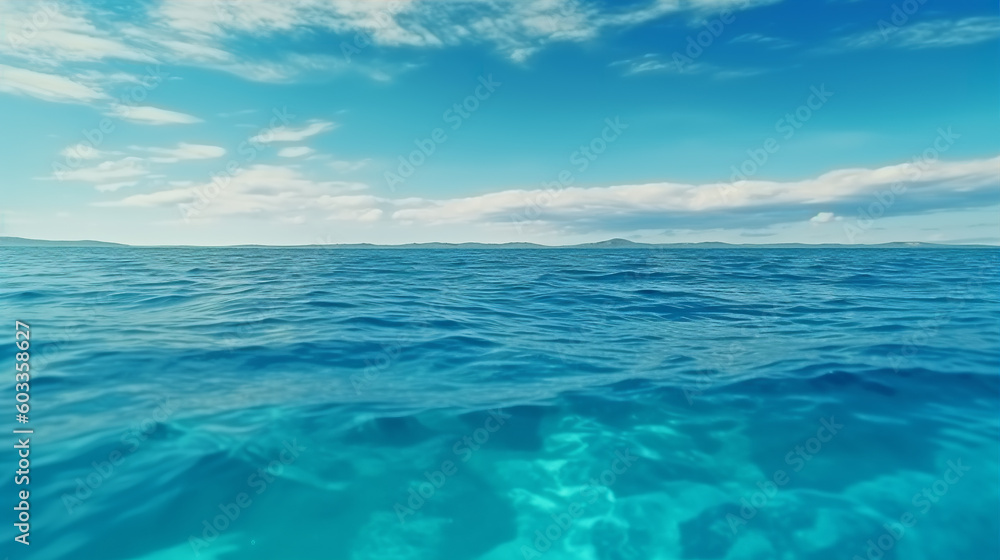 A tropical teal blue ocean horizon seascape illustration. A.I. generated. A tropical teal blue ocean horizon seascape illustration. A.I. generated.