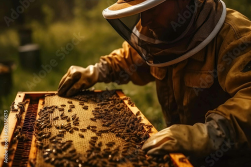 Beekeeper holding a honeycomb full of bees. Generative AI
