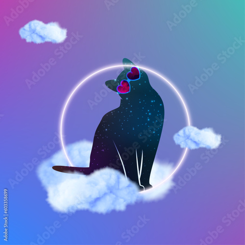 A cat with glasses is sitting on a cloud