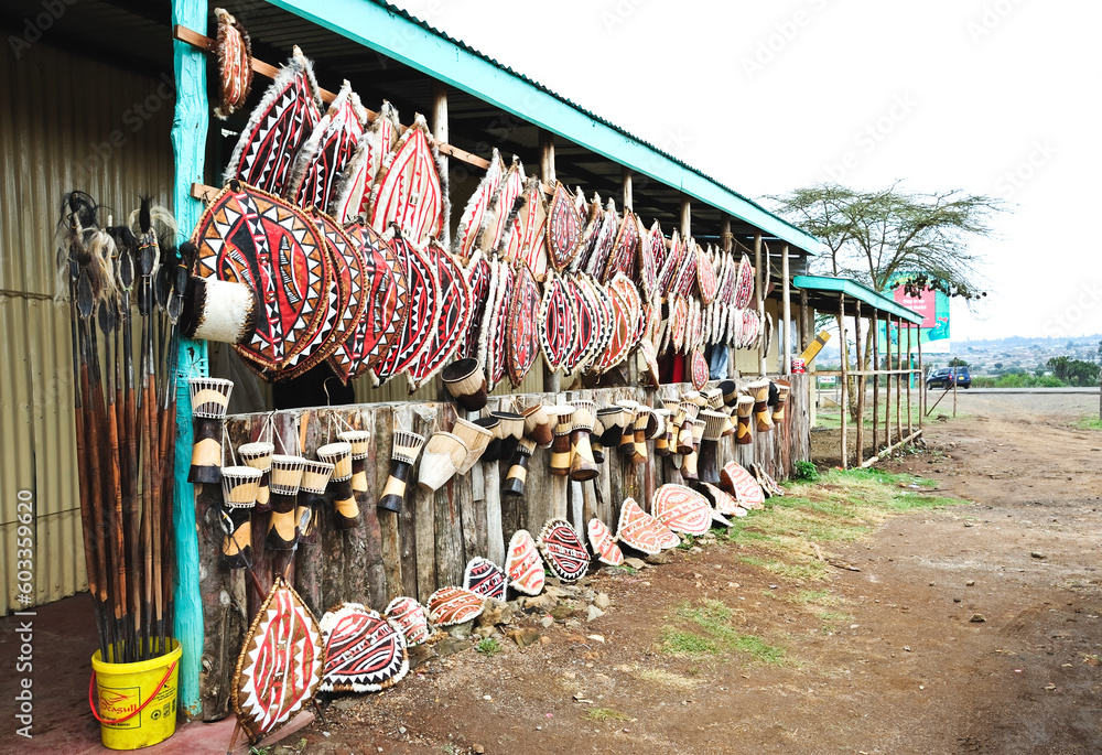   Variety of African souvenirs exposed for sale in local market