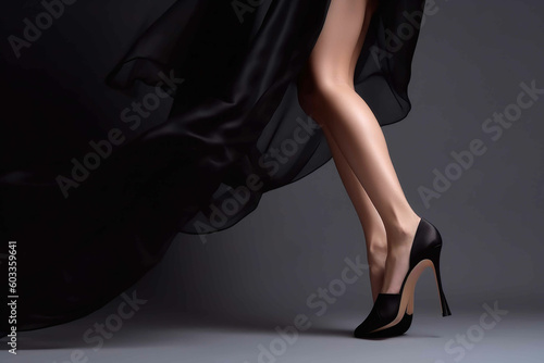 Legs Beauty in Black High Heels Shoes, Flying Silk Fabric. Generative AI