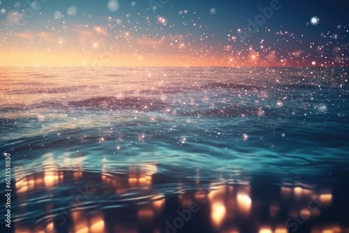 blue sea background photo at night  in the style of light turquoise and light gold bokeh background