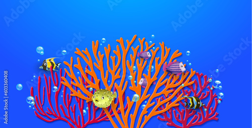Sea paper cut poster with corals and tropical fishes for protect ocean, vector background. Sea environment conservation poster, papercut coral reef fishes for ocean day and marine nature protection