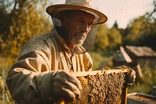 The beekeeper carefully examines the frame of the hive. Beekeeping concept. Generative AI