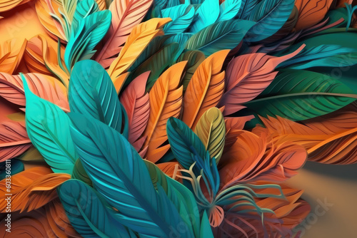Pattern of colorful tropical leaves illustration background. Wall mural in the interior  textiles  fabric background. Generative AI