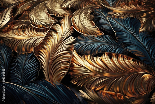 Pattern of golden feathers, leaves illustration background. Wall mural in the interior, textiles, fabric background. Generative AI