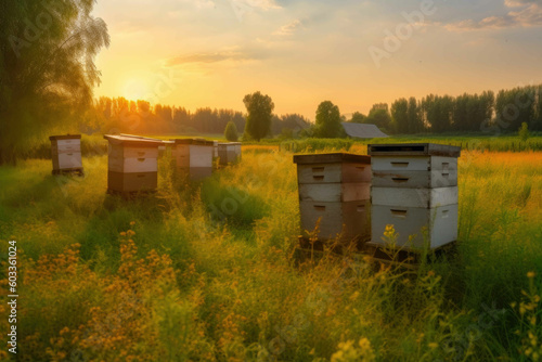 Apiary on a meadow, beautiful beehives, landscape, summer, sun. Generative AI