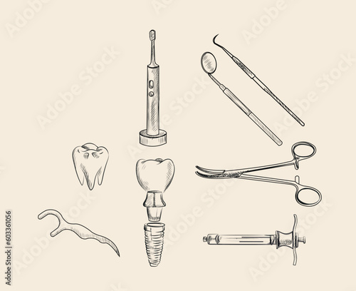 Set of Dentists with different dental equipment