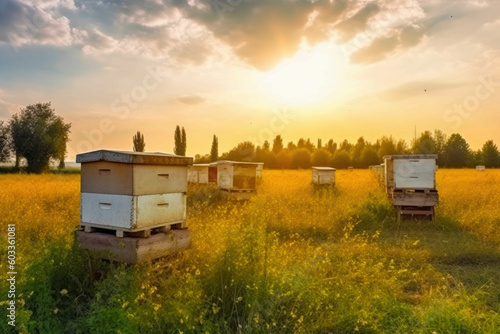 Beautiful landscape photo of summer apiary with cozy bee houses. Generative AI photo