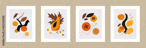 Four framed abstract colorful beige orange cosy tropical fruits vector poster set 