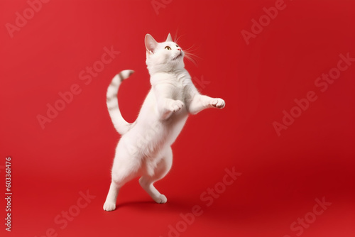White cat jumping on a red background. Banner concept for petshops and pet niche ecommerce. Generative AI © Dantaz