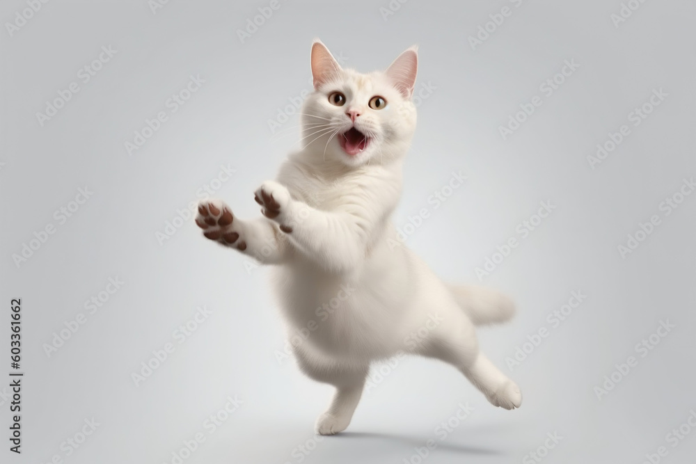 Cat jumping on a white background. Banner concept for petshops and pet niche ecommerce. Generative AI