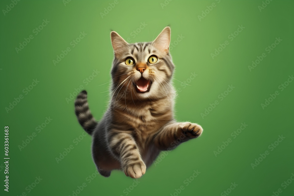 Obraz premium Cat jumping on a green background. Banner concept for petshops and pet niche ecommerce. Generative AI