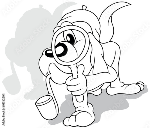 Drawing of a Doggy with a Pipe and a Magnifying Glass in its Paw