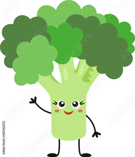 Cute broccoli character waving and smiling. Healthy eating or fresh organic vegetables theme. Vector illustration isolated on white background. 