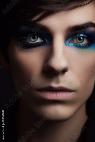 eye of transgender man painted with colored mascara. Face of gay man with makeup close-up. Generative AI © alexkoral