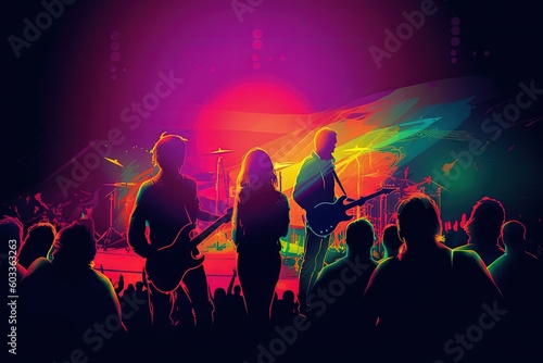 Neon party illustration. Dancing people silhouettes. Concert silhouette. Generative ai